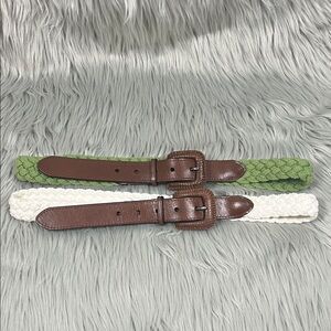 Boho Braided Green and White Brown Genuine Leather Buckle Belts Bundle of 2